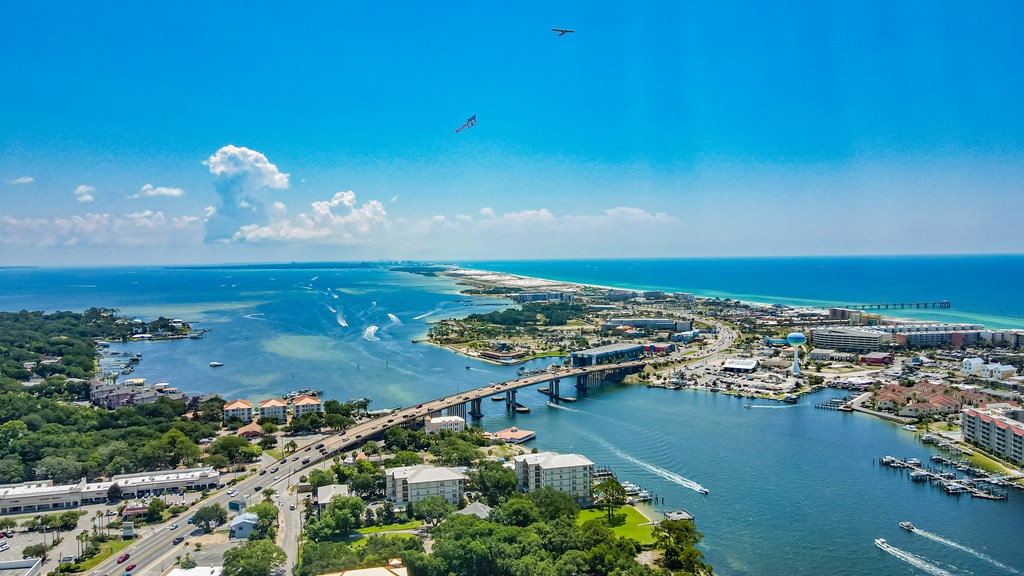 Aerial shot of Fort Walton Beach Florida in the summer