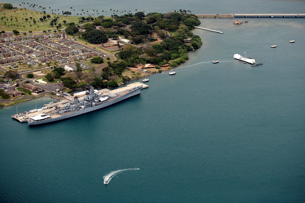 Aerial of USS Arizona and USS Missouri Pearl Harbor Hawaii
